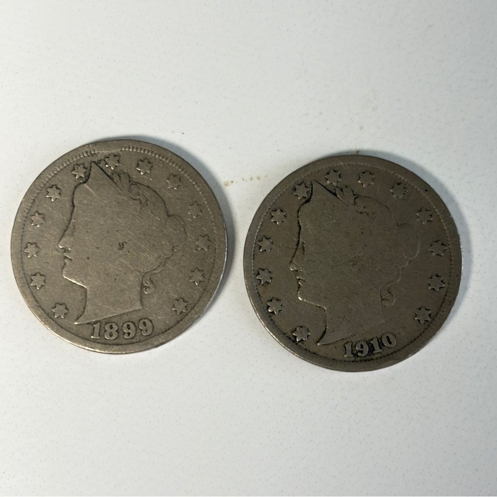 1899 & 1910 Liberty Head “V” Nickels – Good Condition, Circulated
